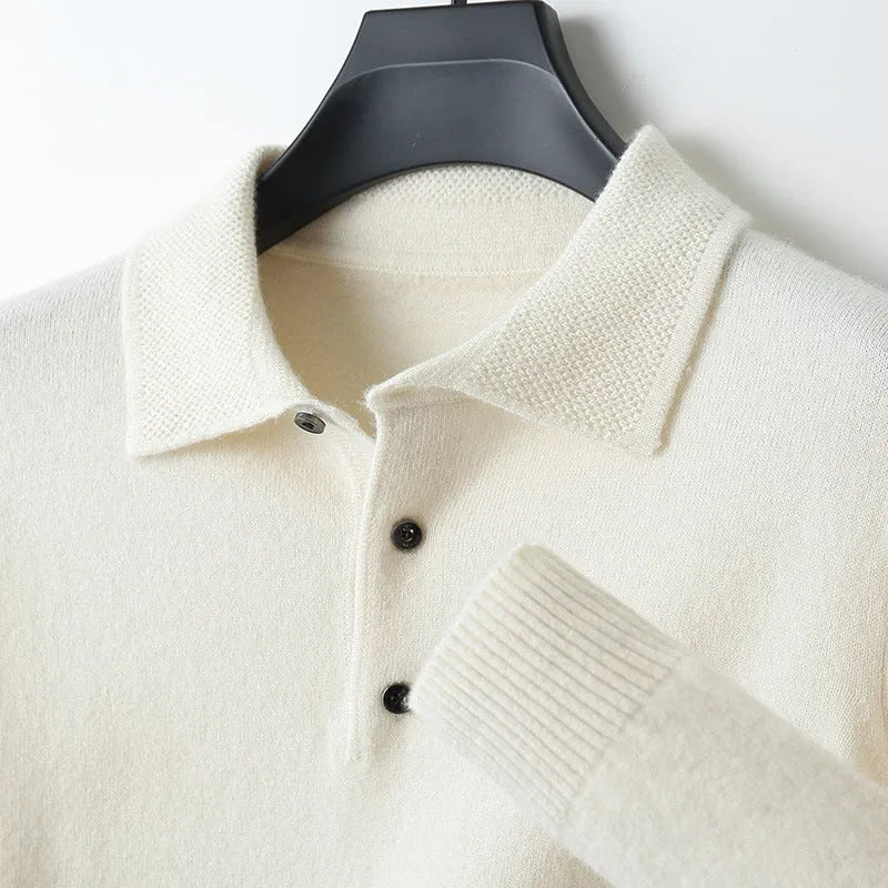 Men's wool polo collar pullover sweater in noble blue, showing long sleeves and knit texture.