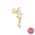 S925 sterling silver geometric moon and star earrings with embedded diamonds on a gold-coloured background.