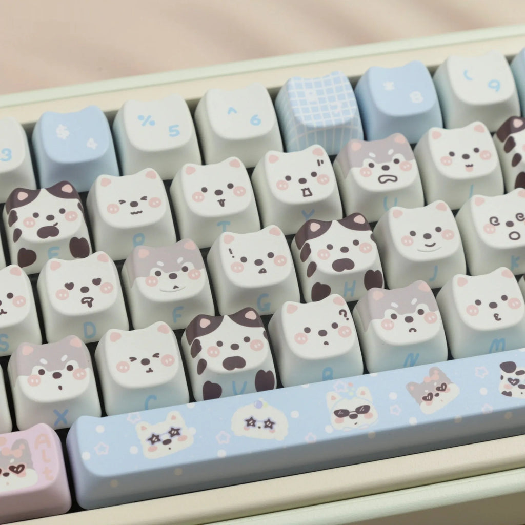 PBT key cap set with cat and puppy sublimation design for mechanical keyboards