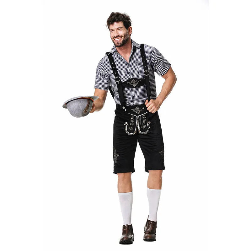 Men's Beer Festival Clothing Set with long sleeve shirt, fifth pants, and denim hat in British style