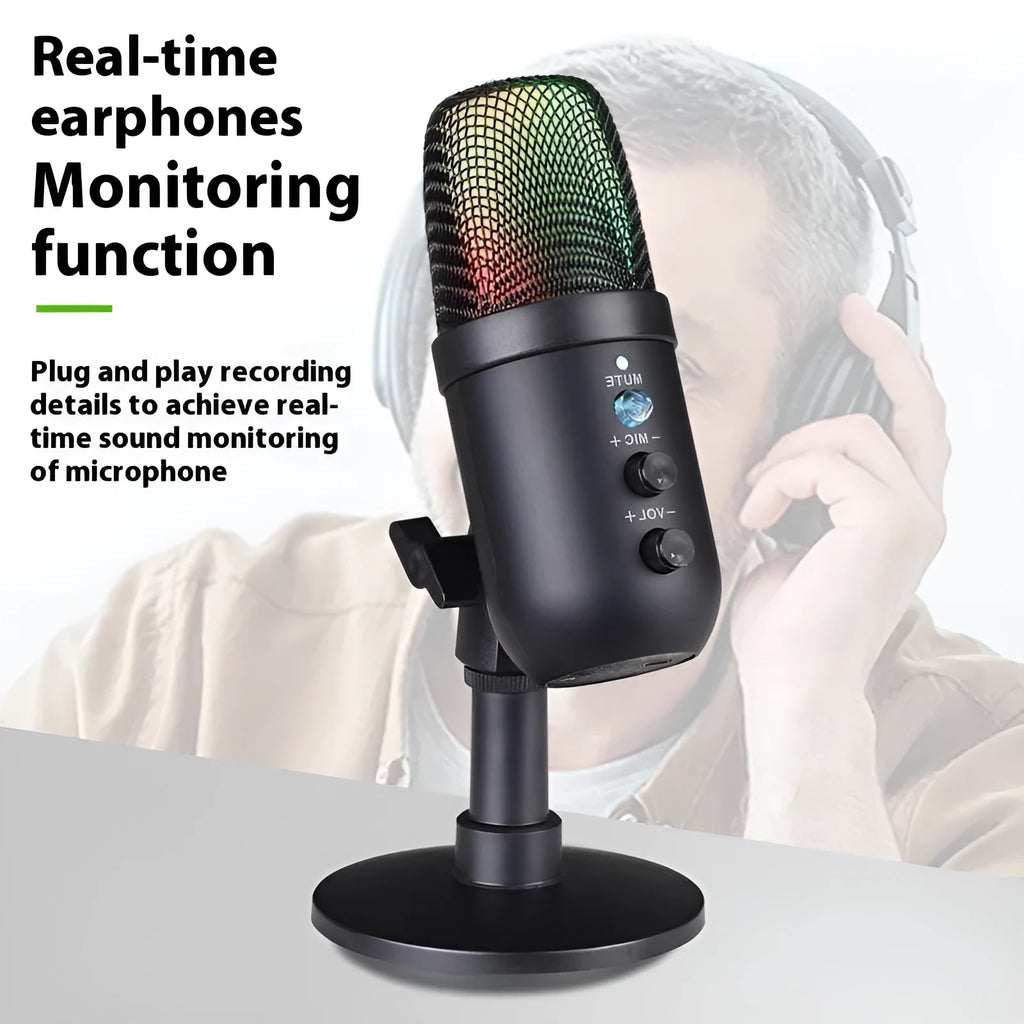 Black USB desktop microphone with RGB lighting for streaming and gaming.