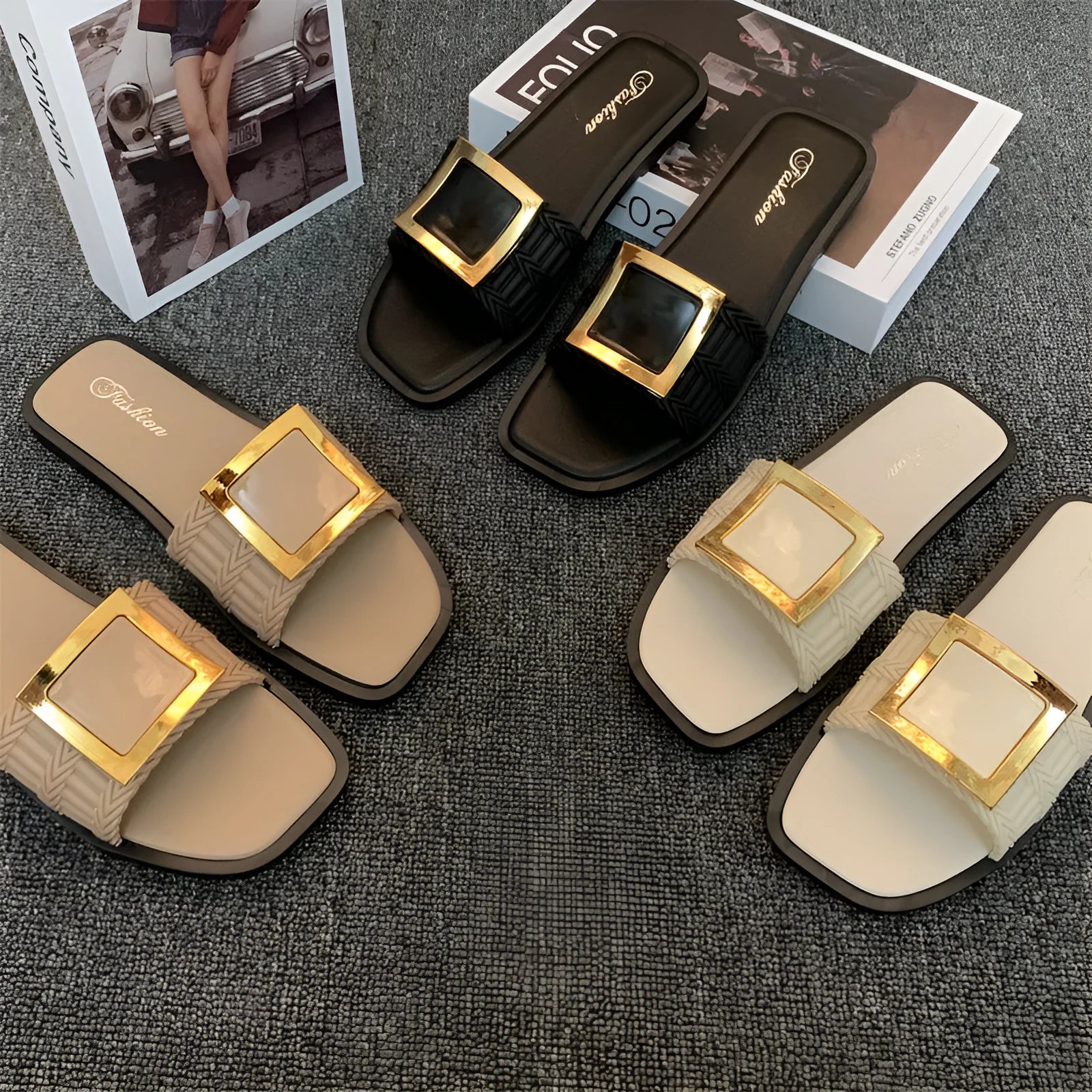 Women's flat summer slippers in apricot, black, or khaki with a lightweight PVC sole