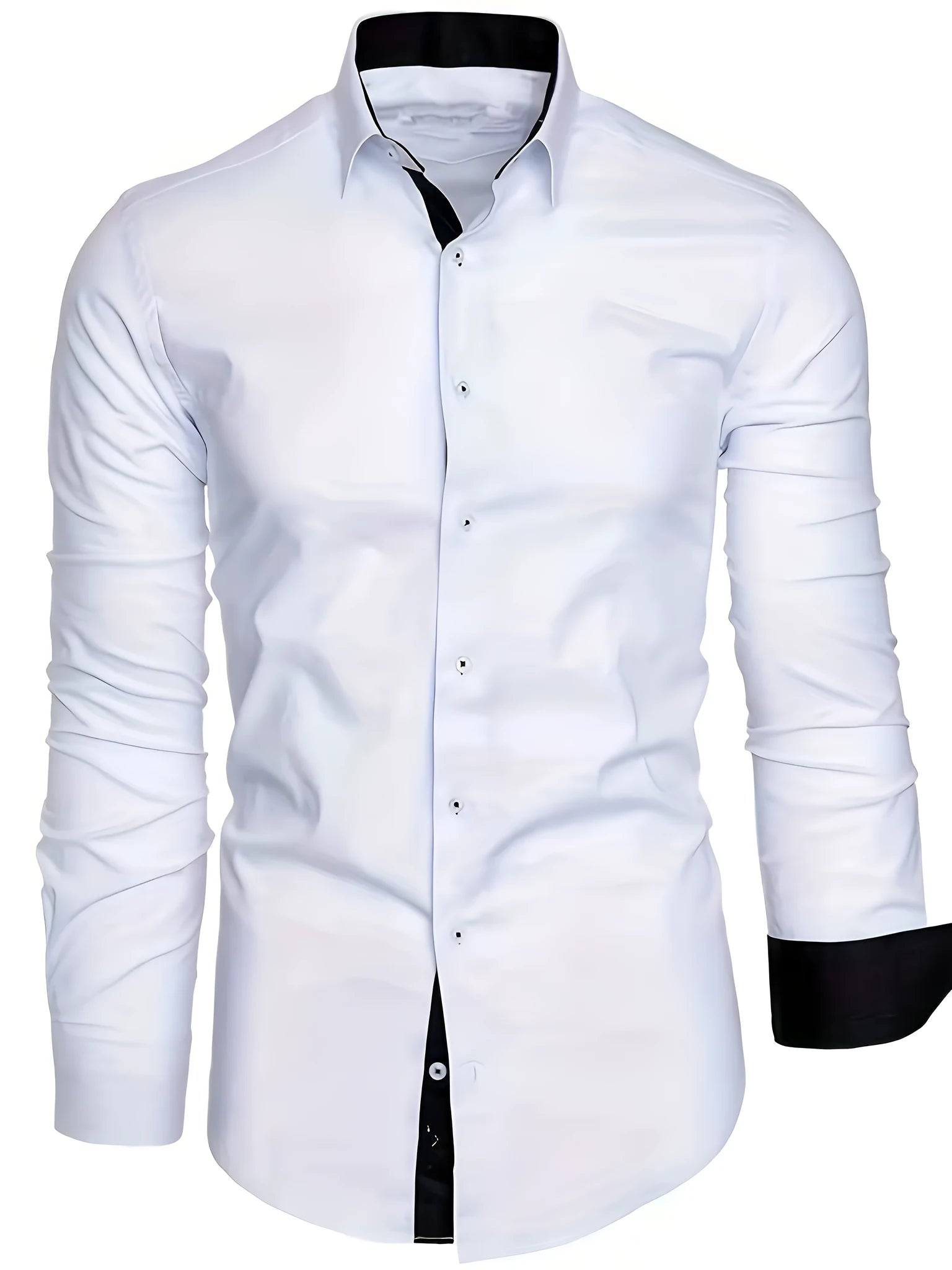 White long-sleeved shirt with black contrasting collar and cuffs for teenage men