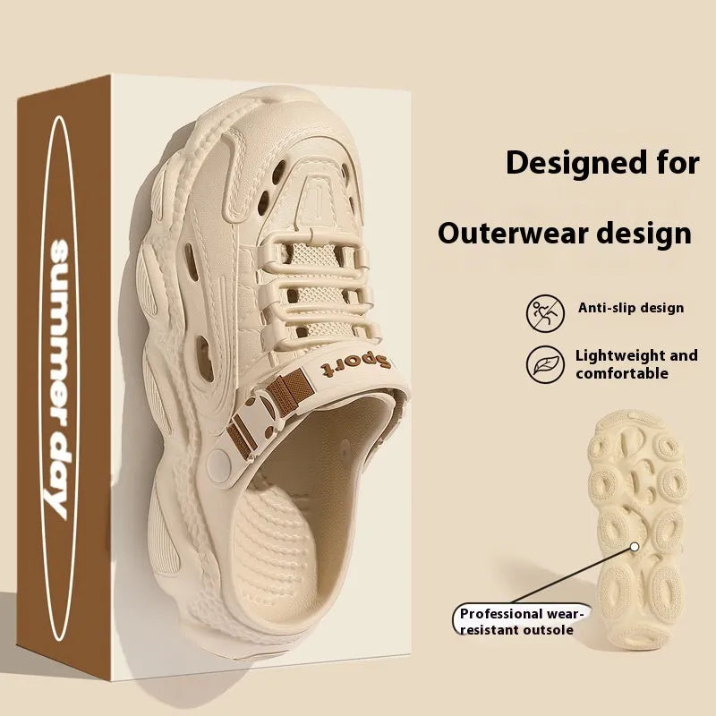 Men's khaki outdoor summer slippers with hollow-out design and EVA non-slip sole