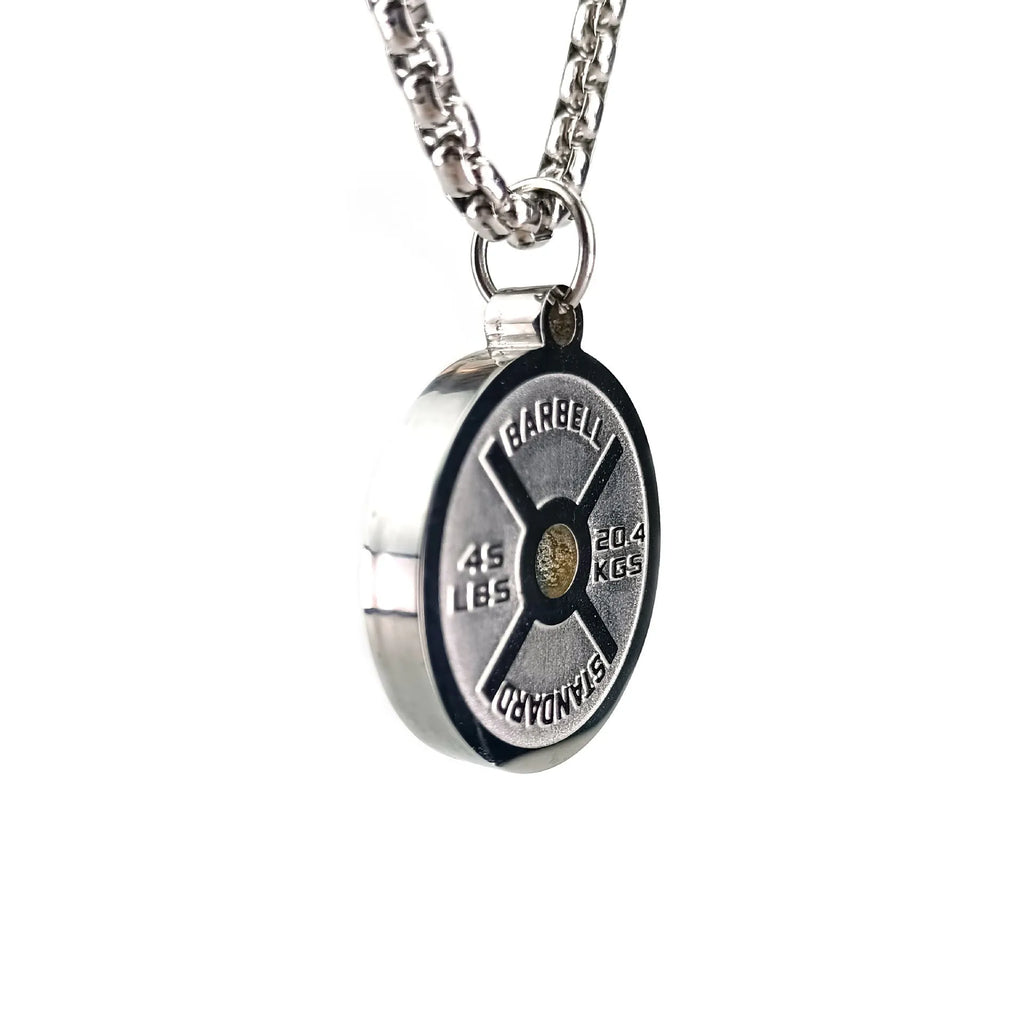 Stainless steel geometric barbell disk pendant necklace on a black chain, with gold and pearl chain options shown.