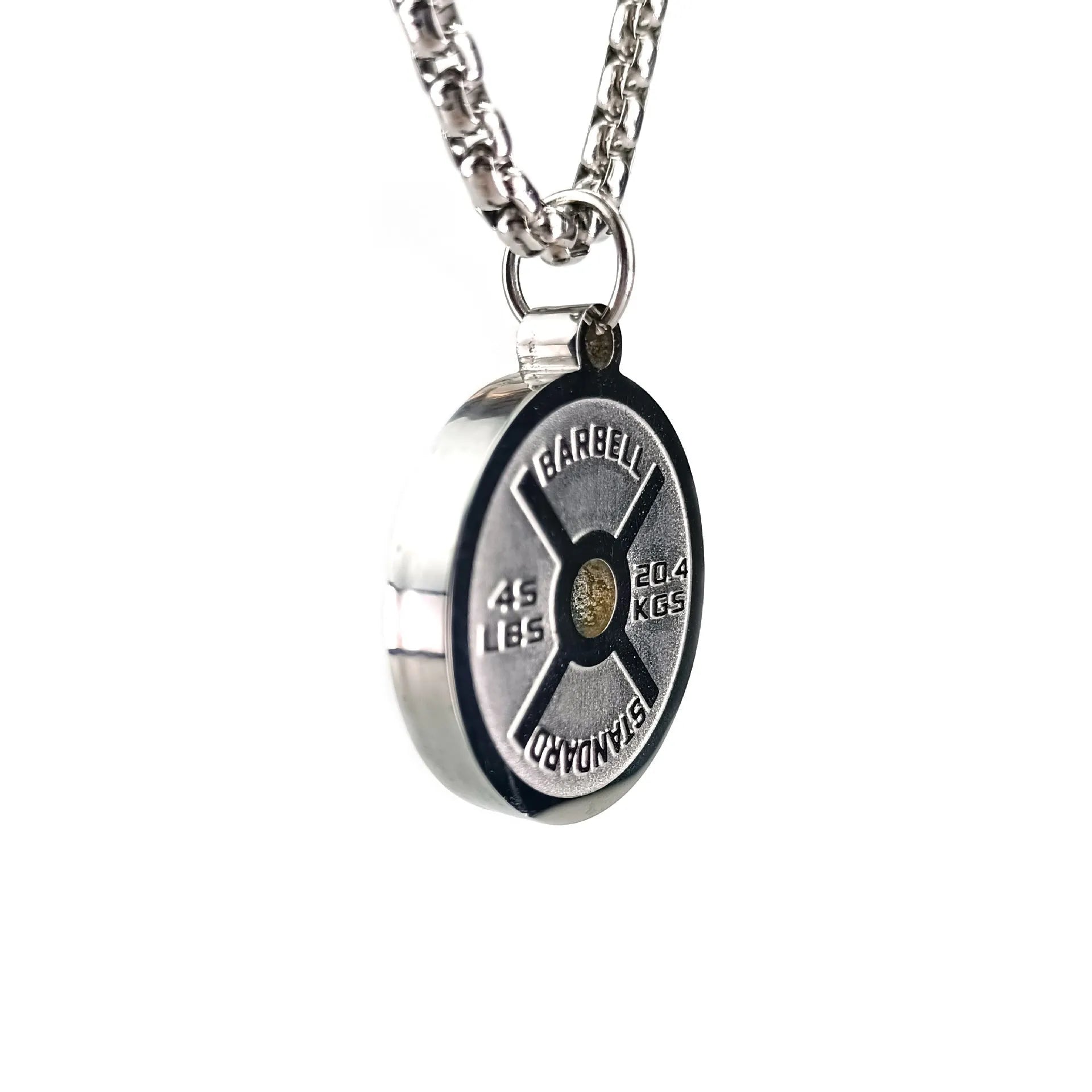 Stainless steel geometric barbell disk pendant necklace on a black chain, with gold and pearl chain options shown.