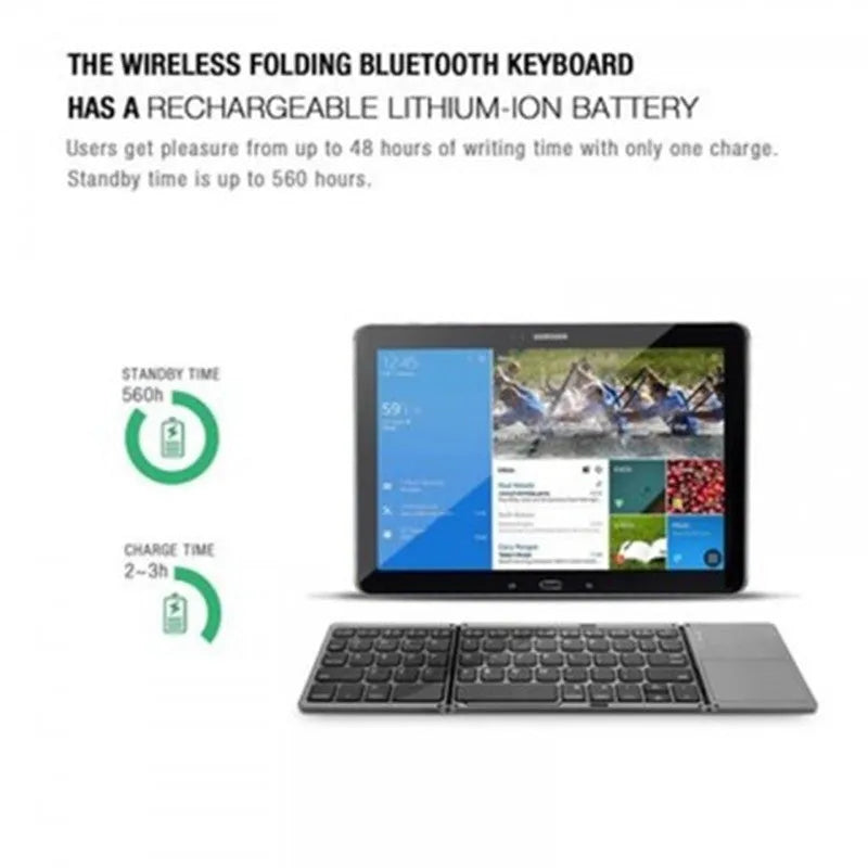 Folding Bluetooth keyboard with 64 ABS keys, touch plate, rechargeable battery, black and white options