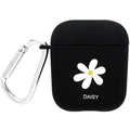 Black AirPods hard case with a smiley face design next to a pink case with a flower pattern.