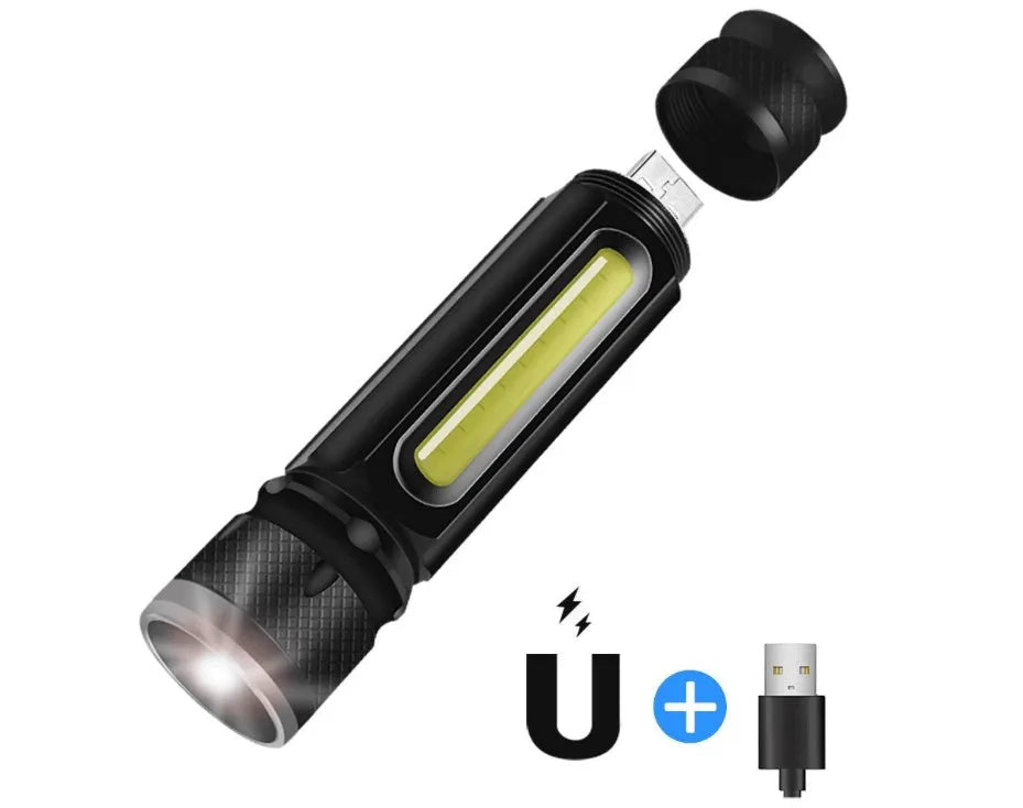 Black aluminium alloy multifunctional LED flashlight with T6+COB light source, magnet base, and rechargeable 18650 battery