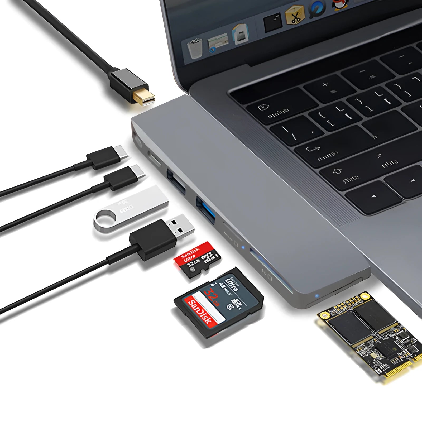 USB-C hub adapter for MacBook Pro with eight interfaces including USB ports and card readers