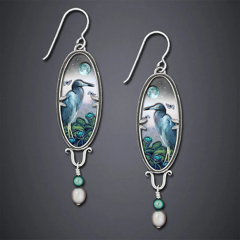 Creative Women's Palace retro bird flower drop earrings in silver metal electroplated finish