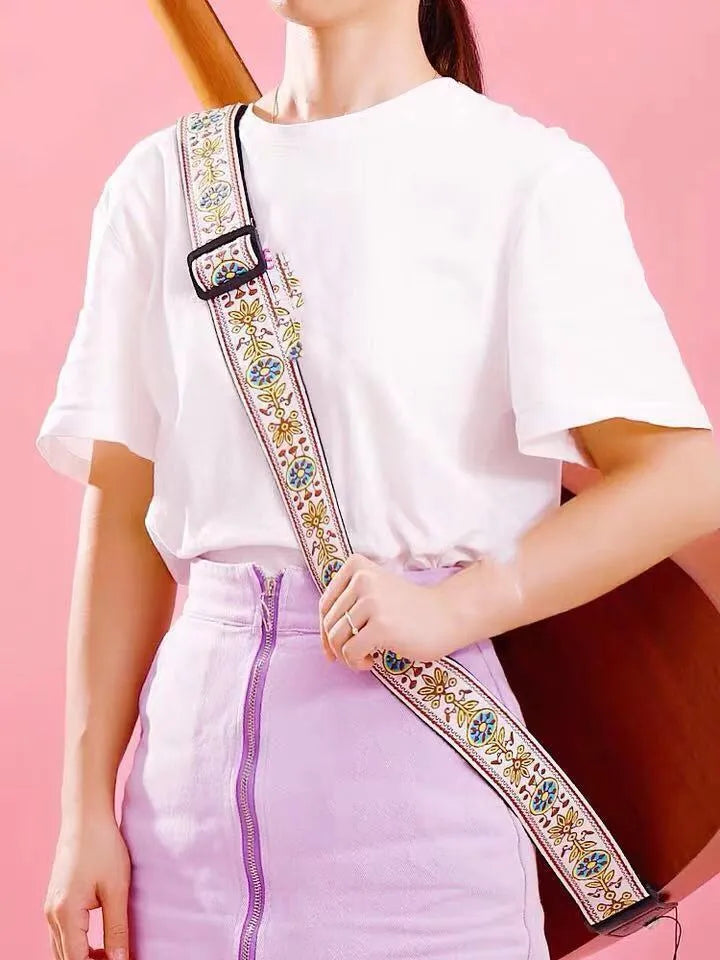Adjustable embroidered guitar strap with thick webbing, 5cm width, 135-150cm length, six style options