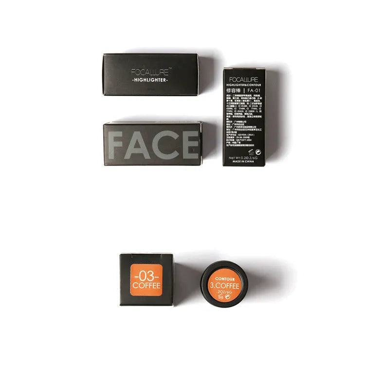 Pressed powder face contour highlighter compact showing four shade options labelled A, B, C, D