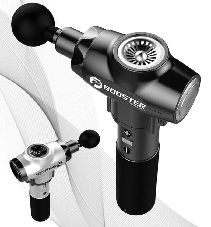 Black and white muscle massage gun with a deep stroke for tissue relief.