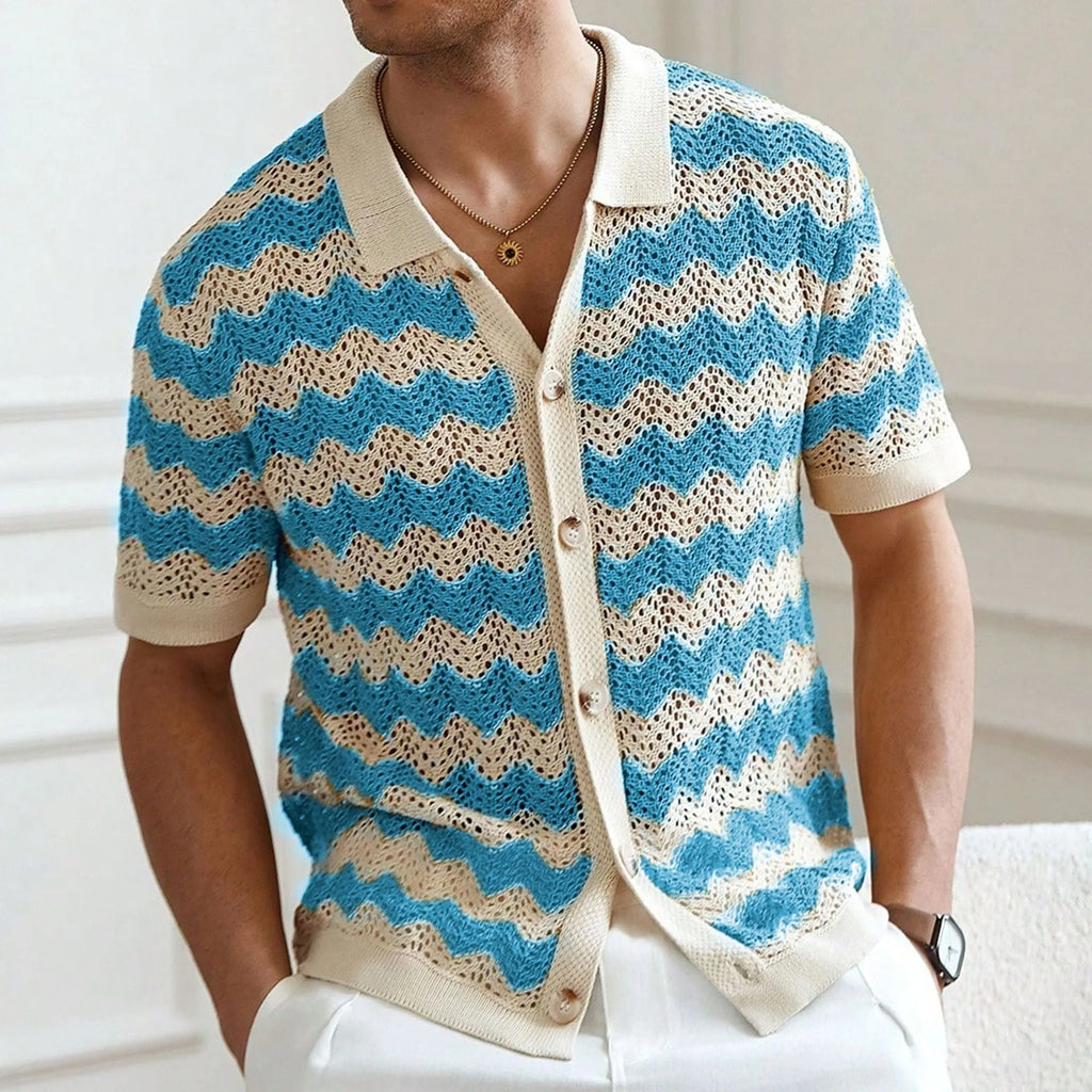 Man modelling a yellow short sleeve sweater with a textured corrugated jacquard pattern, suitable for summer.