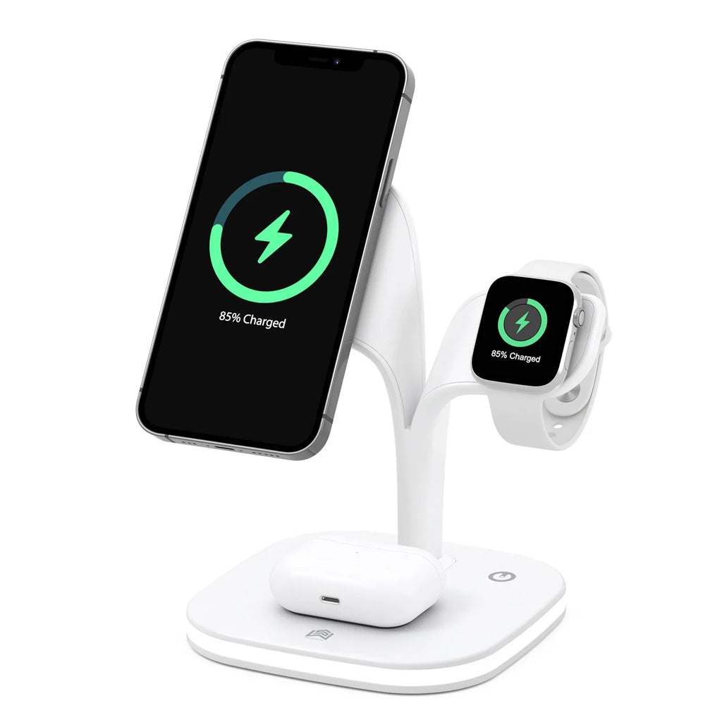 Black wireless charging desk stand showing phone, watch, and headphones charging simultaneously