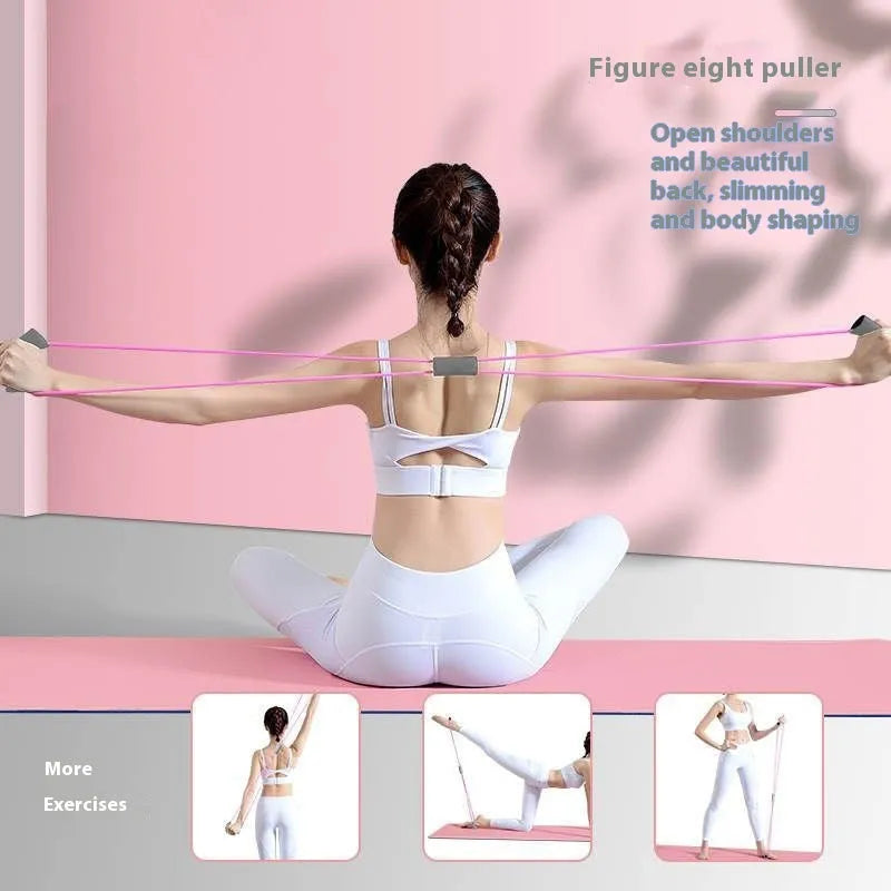 Four piece yoga fitness set with leg stretching device, yoga ring, pedal tension tool and figure eight resistance rope