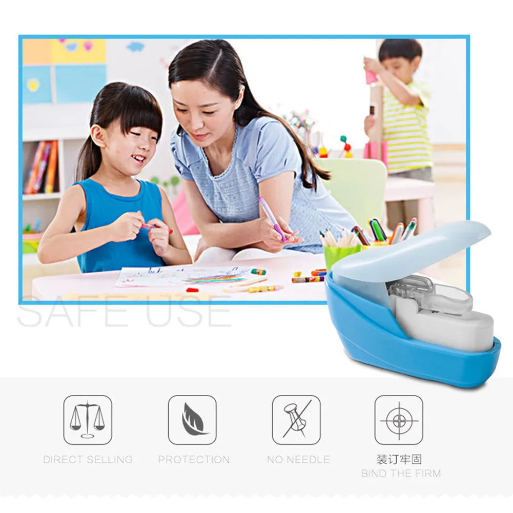 Compact stapler-free embossed paper binder in random colour on white background