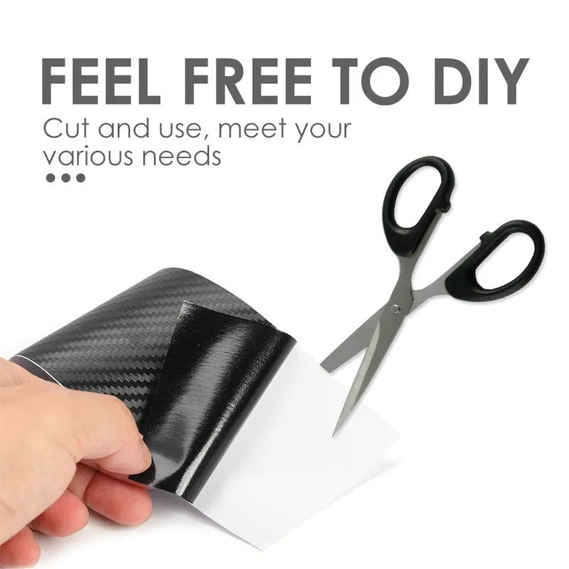 Roll of matte black 3D carbon fibre adhesive tape for protecting car door sills, showing width options.