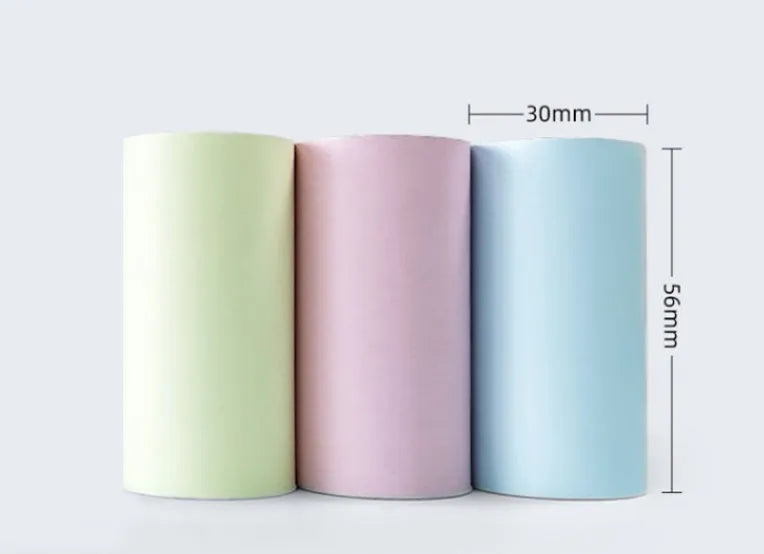 Box containing three rolls of coloured thermal paper for 57x30mm printers.