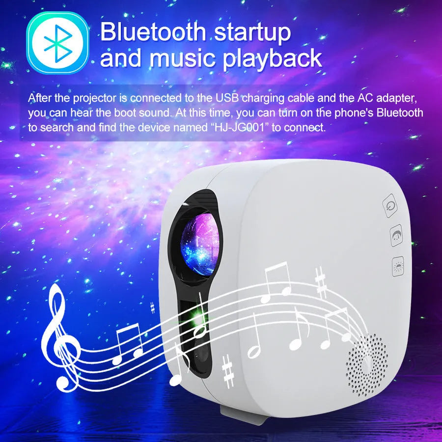 Black and white star projector showing laser nebula moon projection with Bluetooth connectivity