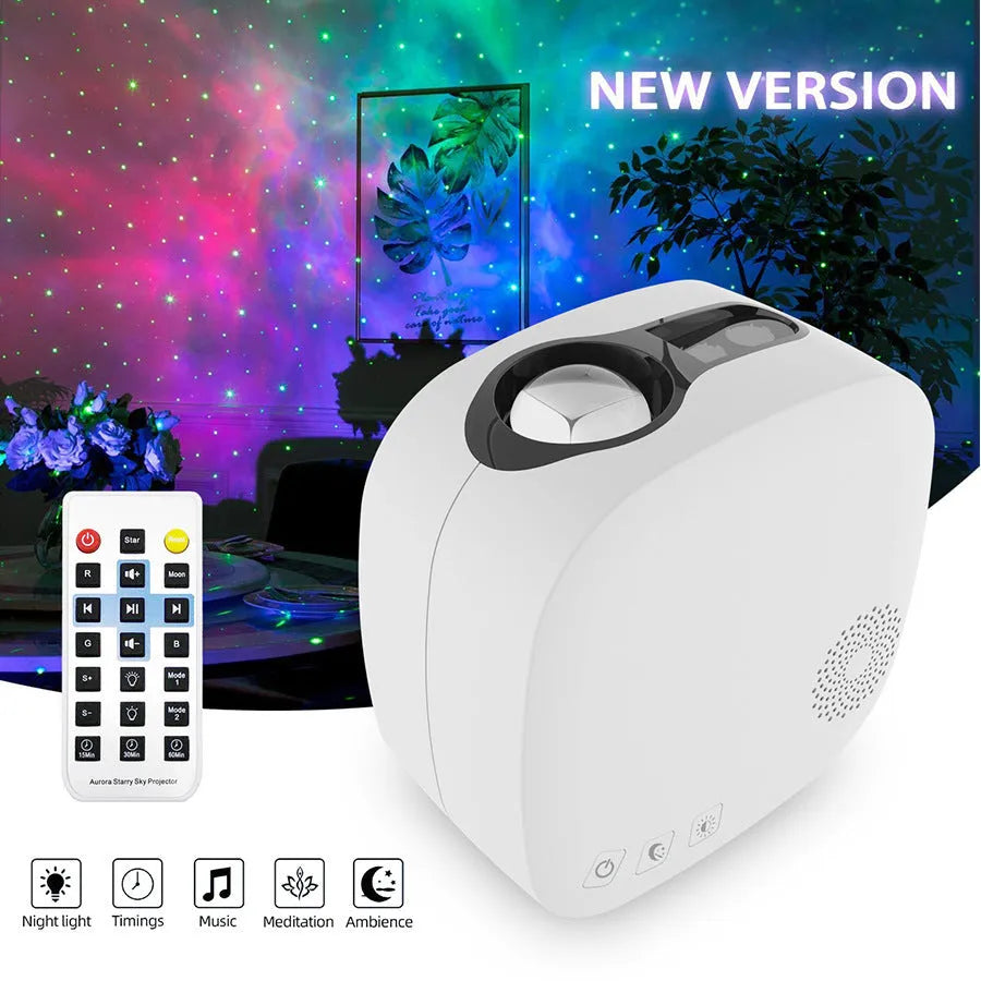 Black and white star projector showing laser nebula moon projection with Bluetooth connectivity