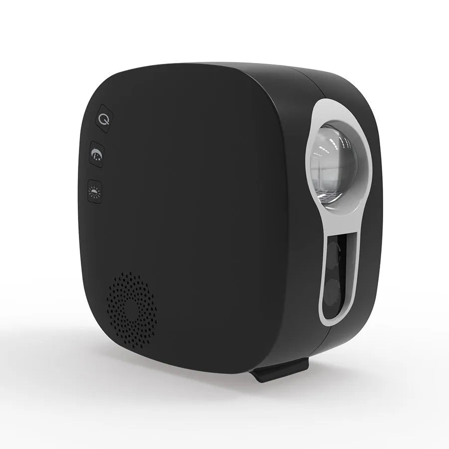 Black and white star projector showing laser nebula moon projection with Bluetooth connectivity