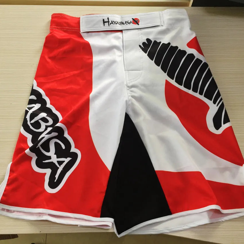 Loose Lycra free kick fighting training shorts in Black, Blue, or Red, sizes 3XL to M