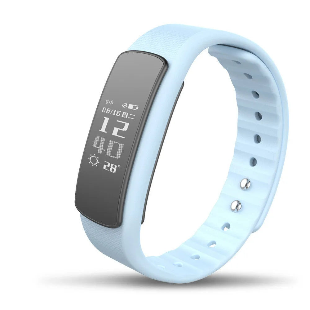 I6 smart sports bracelet with colour screen showing fitness data on black TPU wristband