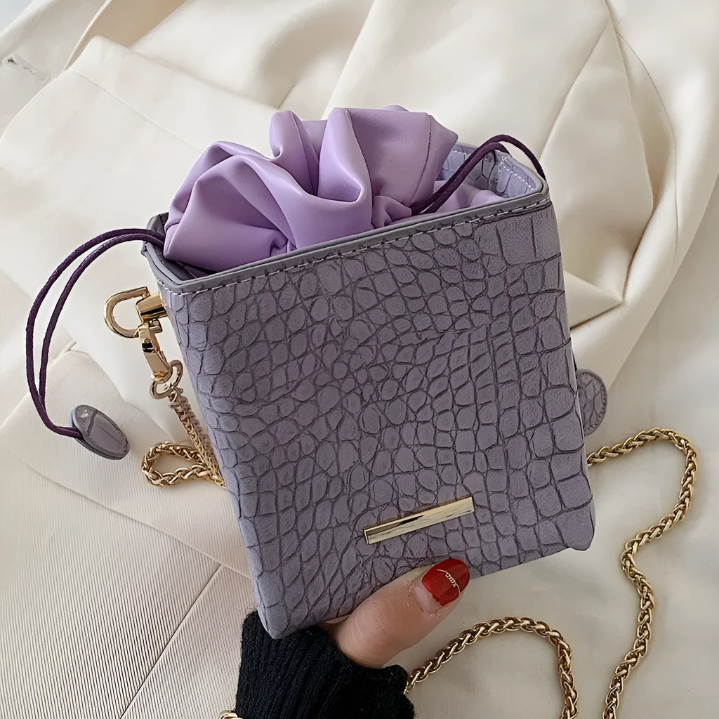 Small women's PU leather chain messenger bag in bucket style with drawstring opening