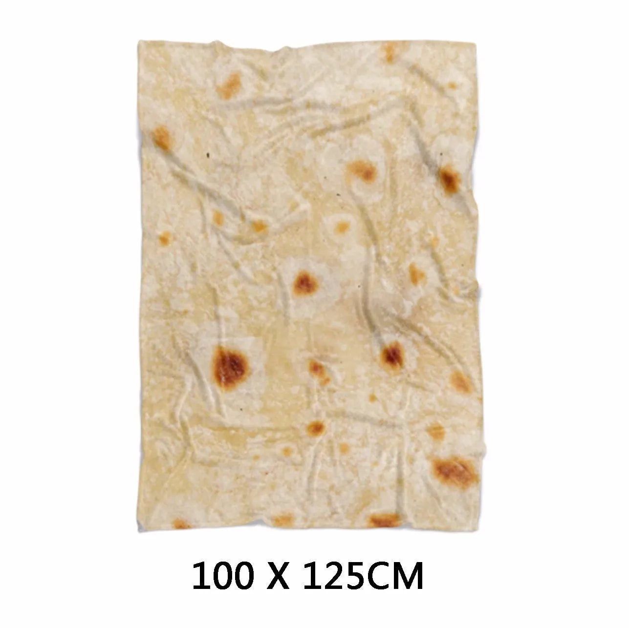 Round coral fleece burrito blanket with food print, shown wrapped.