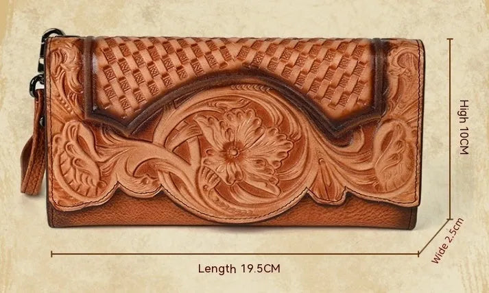 Women's tri-fold wallet with embossed floral pattern in retro brown colour, showing organisational compartments