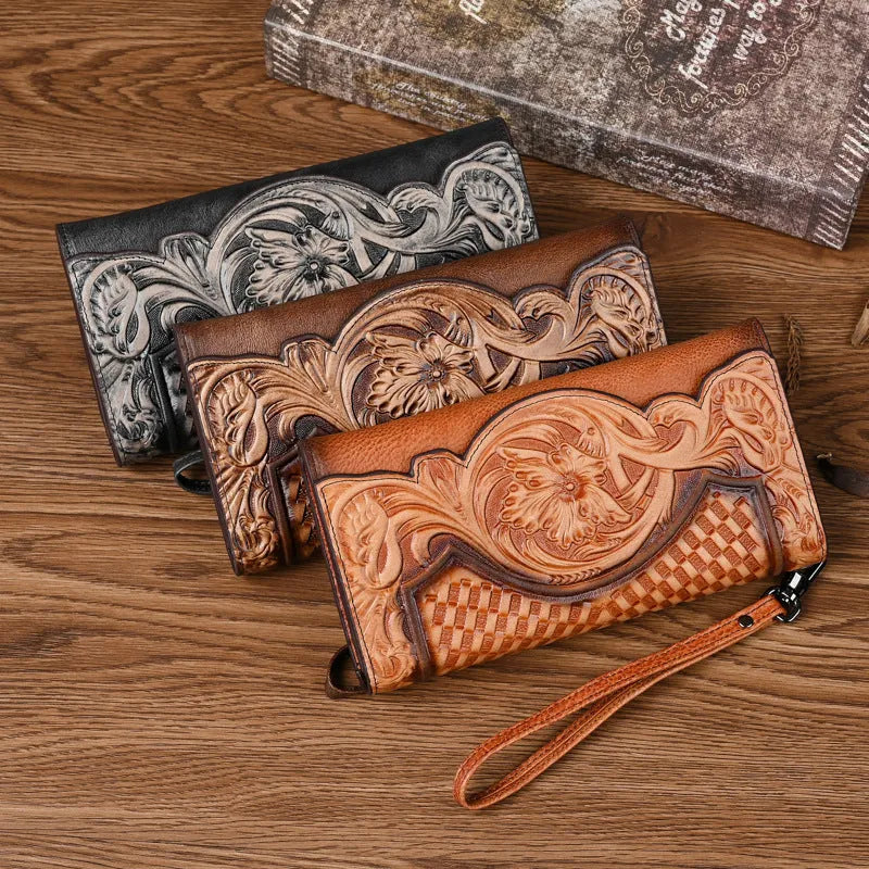 Women's tri-fold wallet with embossed floral pattern in retro brown colour, showing organisational compartments