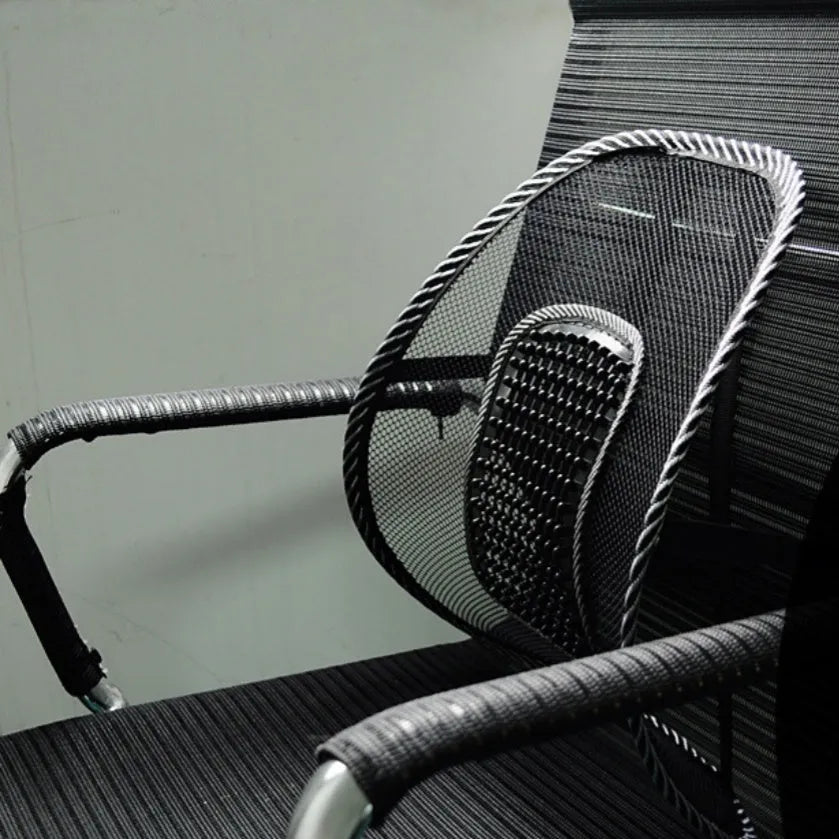 Black car lumbar support pillow with steel wire construction measuring 41x39cm