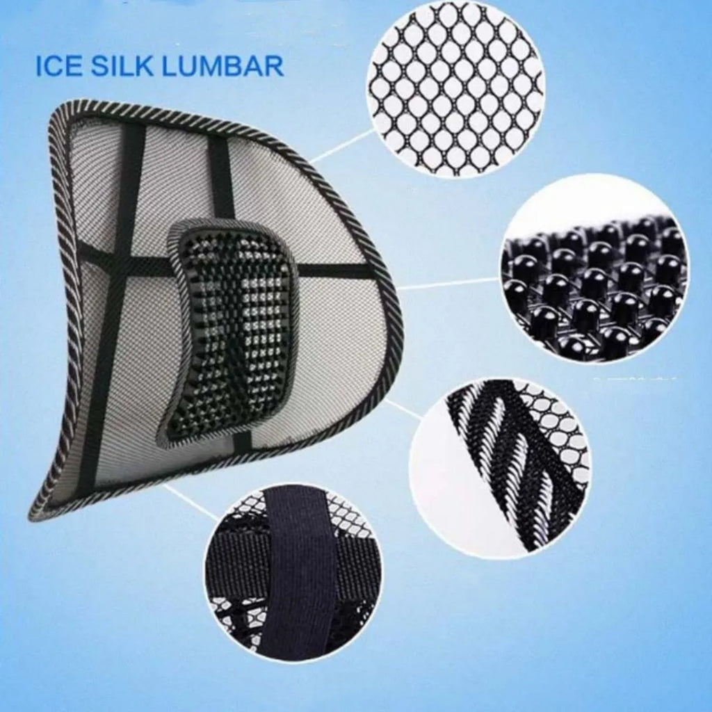 Black car lumbar support pillow with steel wire construction measuring 41x39cm