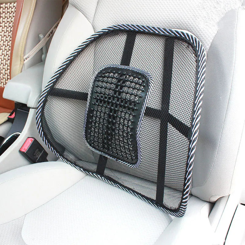 Black car lumbar support pillow with steel wire construction measuring 41x39cm