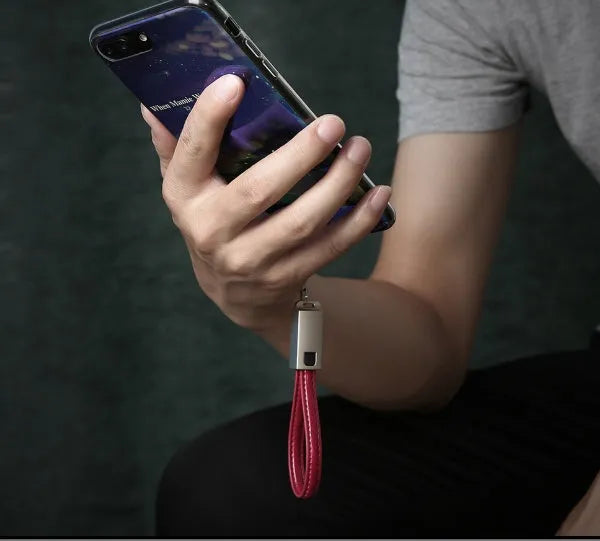 Leather braided iPhone charging cable with zinc alloy connectors in black, brown, or red colour options