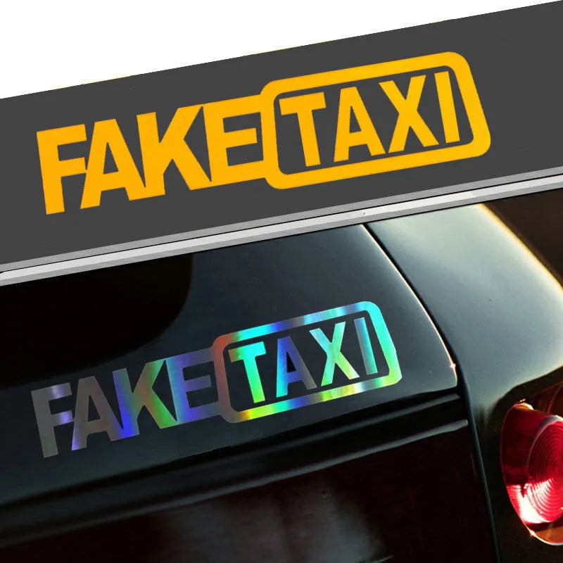 FAKE TAXI car warning sticker in black text on a white background, showing 20x8cm dimensions.