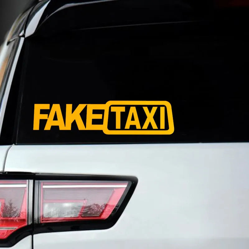 FAKE TAXI car warning sticker in black text on a white background, showing 20x8cm dimensions.