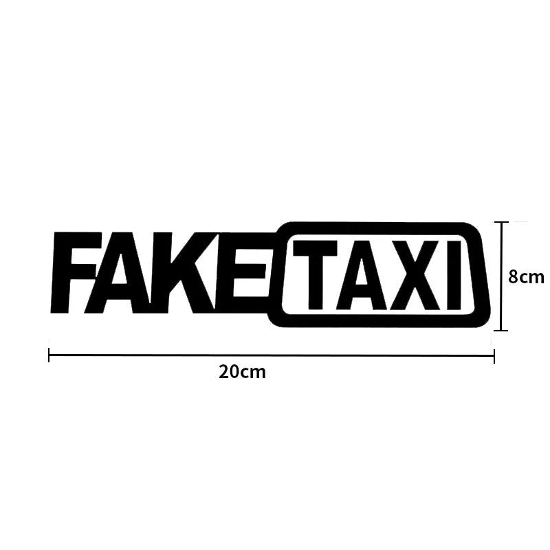 FAKE TAXI car warning sticker in black text on a white background, showing 20x8cm dimensions.