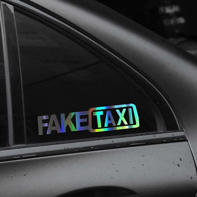 FAKE TAXI car warning sticker in black text on a white background, showing 20x8cm dimensions.