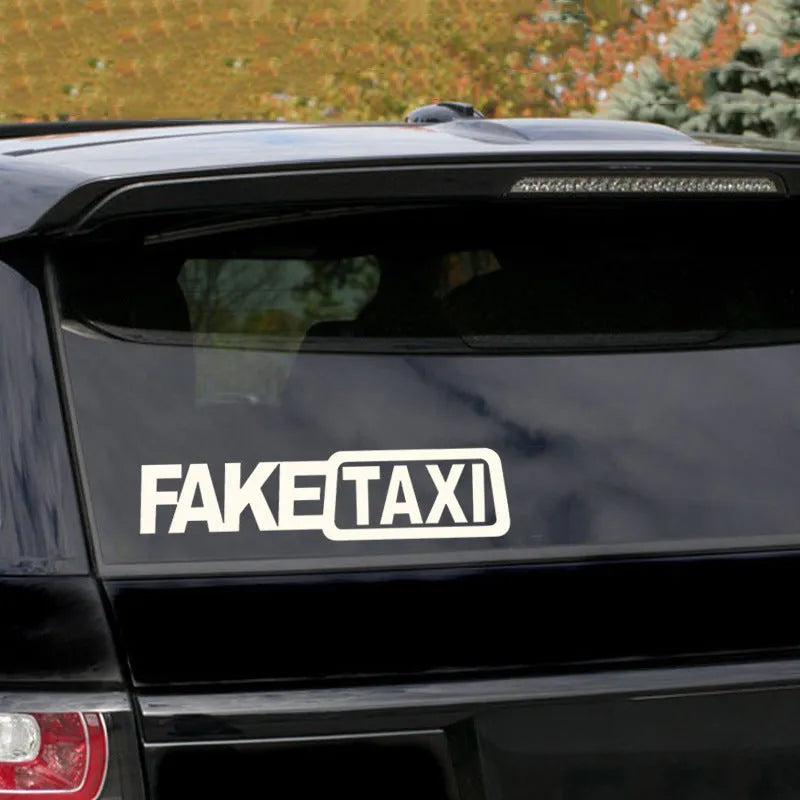 FAKE TAXI car warning sticker in black text on a white background, showing 20x8cm dimensions.