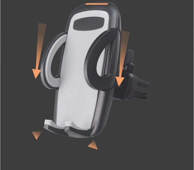 Black plastic car mobile phone holder mounted on air conditioning vent holding smartphone