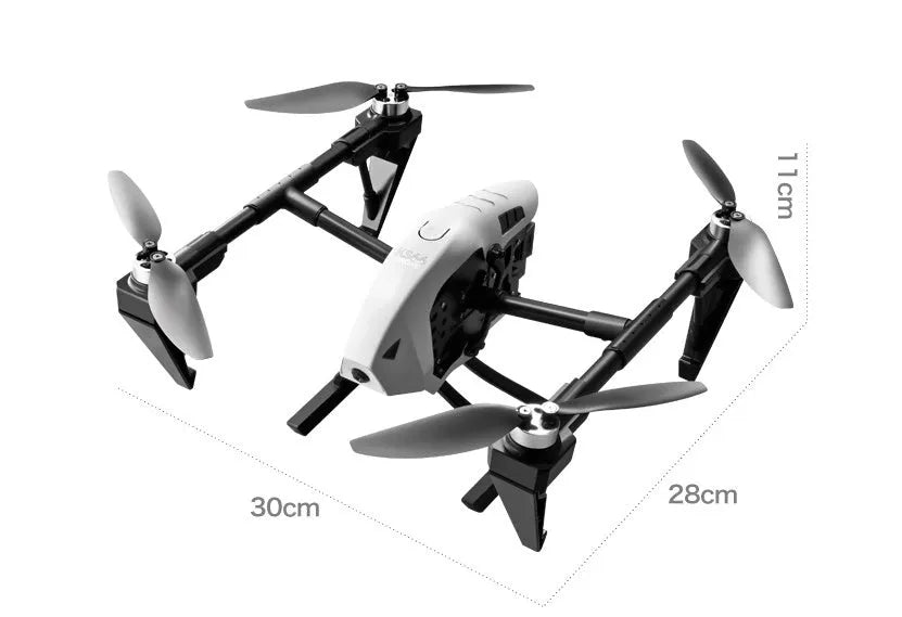 White and black KS66 alloy UAV remote control drone with camera, remote controller, and accessories on a grey background