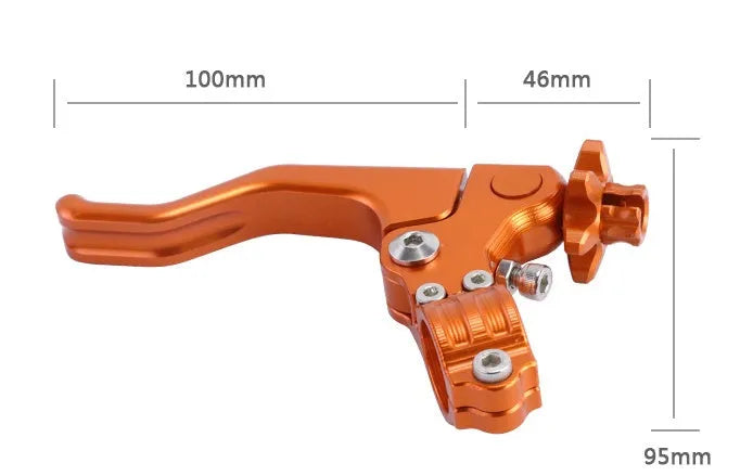 Aluminium two-finger motorcycle clutch lever shown in one of eight available colours: black, blue, gold, green, orange, red, silver, or titanium.