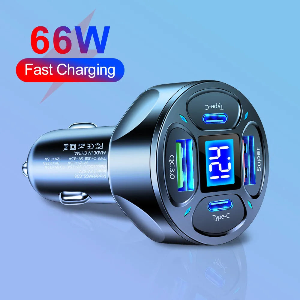 66W black digital display car charger with two USB and two Type-C ports showing voltage readout.