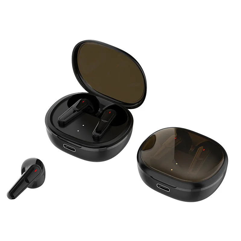 Black wireless Bluetooth earbuds with noise reduction and low latency for gaming