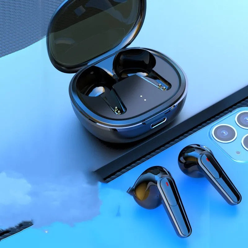Black wireless Bluetooth earbuds with noise reduction and low latency for gaming