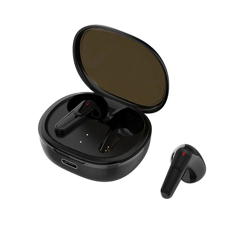 Black wireless Bluetooth earbuds with noise reduction and low latency for gaming