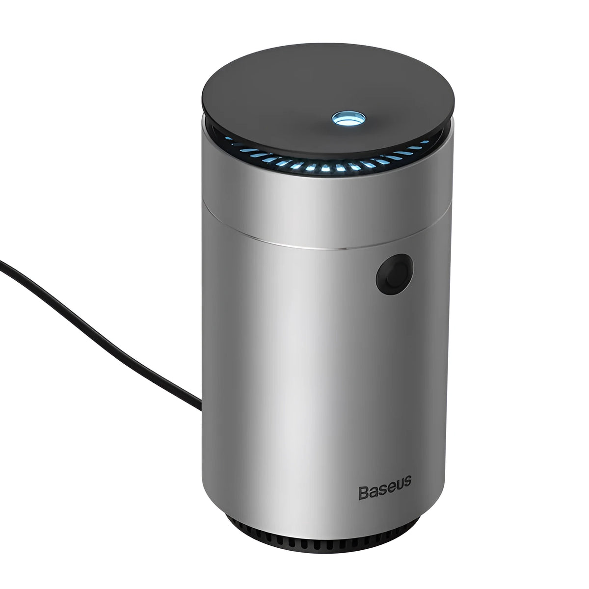 12V metal car air purifier in grey or silver, designed for in-car use